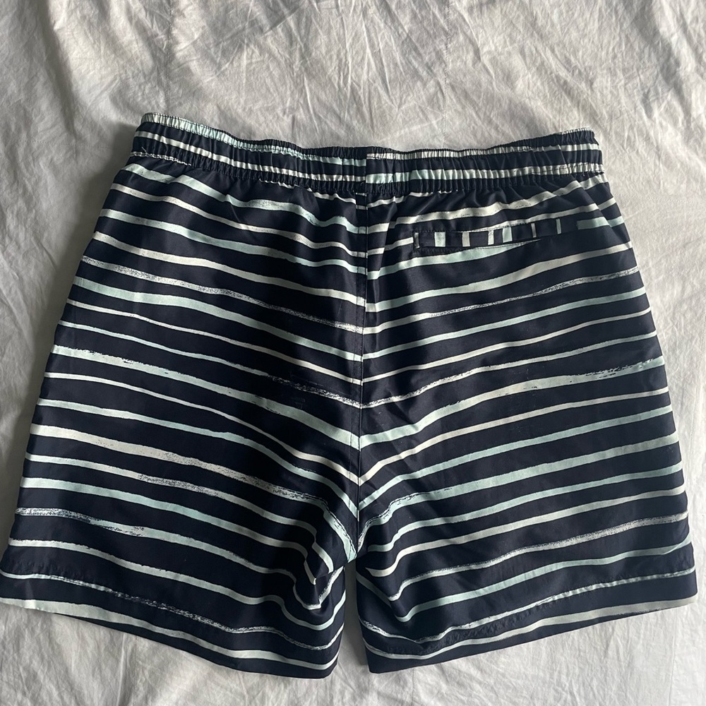 Navy blue and white stipe swim shorts.